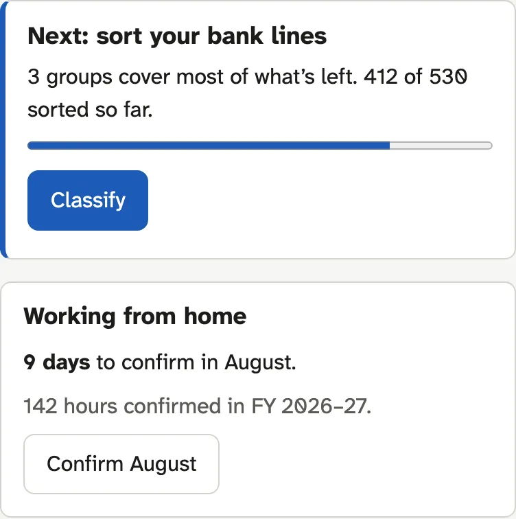 The Next card, and the working-from-home card below it