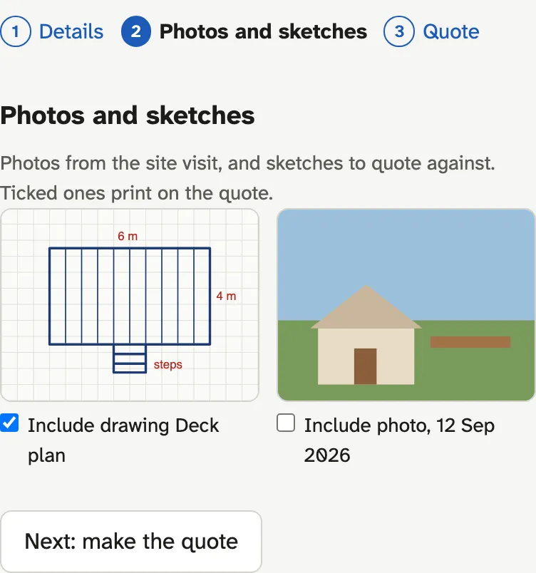 Step 2 of a request: the sketch is ticked to print on the quote