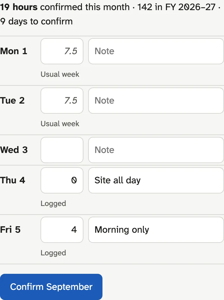 A month: usual days filled in, one changed to 0 with a note